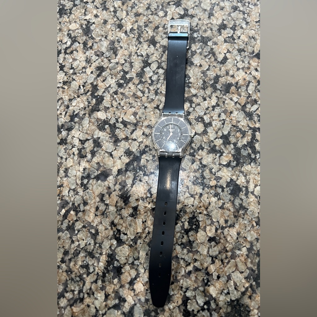 Swatch Black Rubber Strap Silver Dial Watch Flat Face